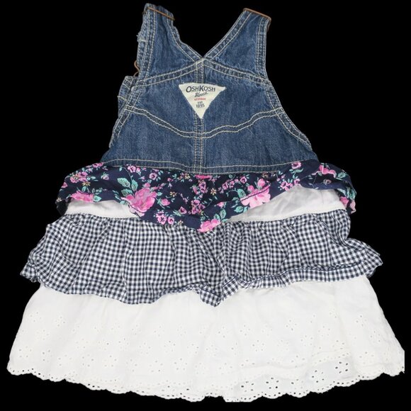 OshKosh B'gosh Toddler Denim Floral Lace Ruffle Tiered Skirtall Dress Girls 3T - Picture 2 of 3